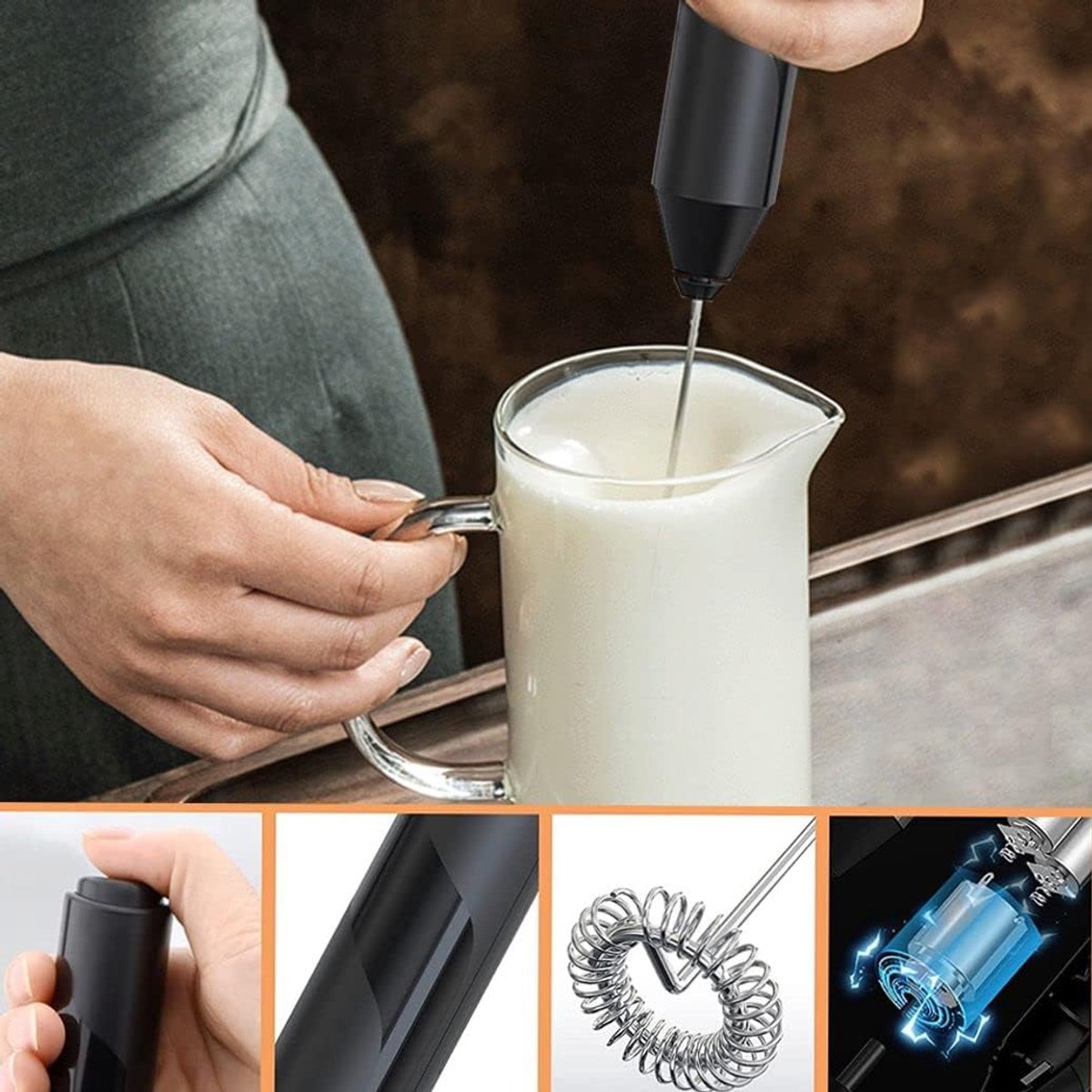 Elektrische Melkopschuimer - Melkklopper - Zwart - RVS - Draadloos - Cappuccino/Slagroom/Saladedressings — cadeau in Kookcadeaus - foto 2