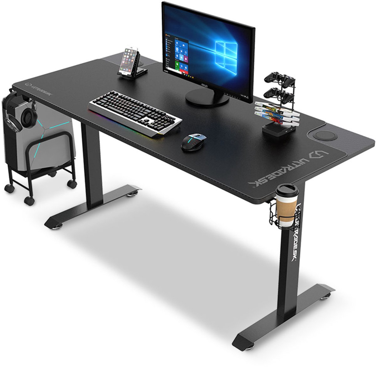 Ultradesk MOMENTUM – Groot Gamingbureau – Zwart – 152 x 70 cm – Inclusief XXL Muismat, Hoofdtelefoonhouder, Bekerhouder & Kabelbeheer – Voor Gaming & Kantoor