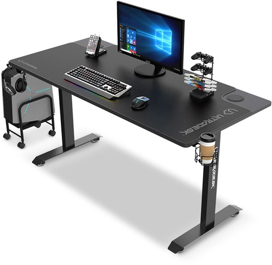 Ultradesk MOMENTUM – Groot Gamingbureau – Zwart – 152 x 70 cm – Inclusief XXL Muismat, Hoofdtelefoonhouder, Bekerhouder & Kabelbeheer – Voor Gaming & Kantoor