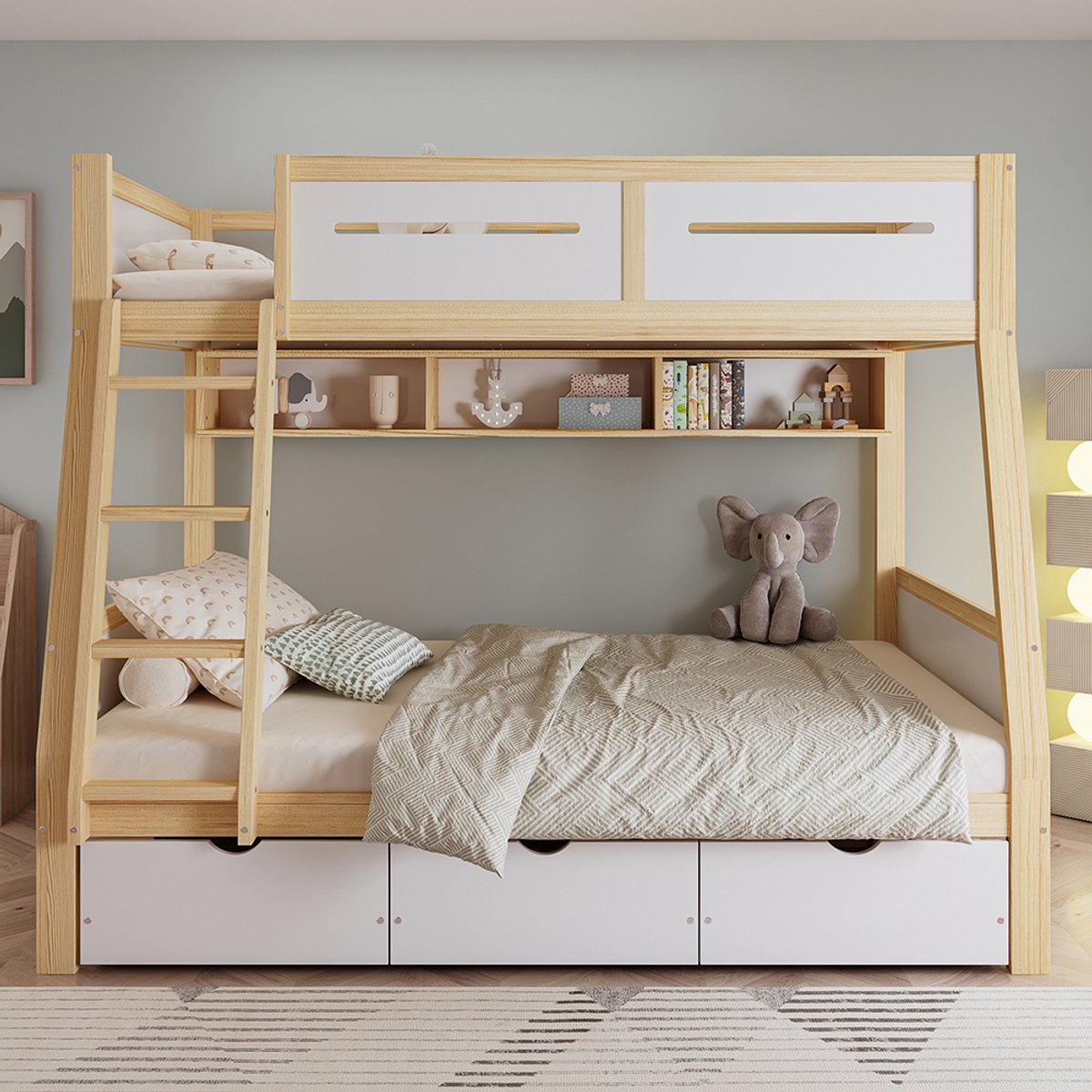 Pugsdrly Stapelbed, kinderbed, drie lades op wieltjes, boekenrek van 2 m, veiligheidshek aan vier zijden en ladder, grenen + MDF + multiplex, wit + naturel, 90 x 200 cm en 120 x 200 cm