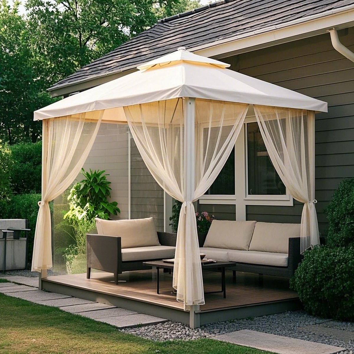 Qelus Buitengordijn Horrengaas – Outdoor Gordijnen voor Gordijnroede - Gordijnen Kant en Klaar - Ventilerend Muggennet voor Terras, Tuin of Balkon - B 160 x H 305cm (Beige)