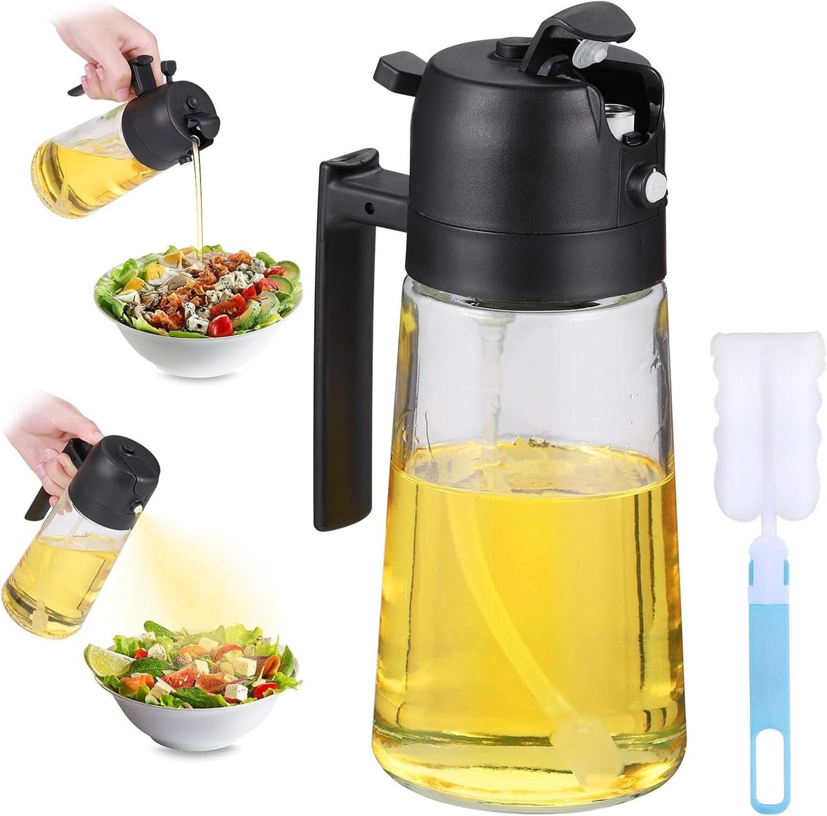 Allecto Plus - Glazen oliesprayfles 2-in-1 met handvat en lekvrije sproeier - 470 ml - kookolie en olijfoliesproeier voor frituren en salades