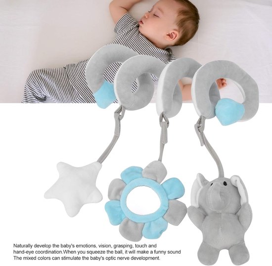 Newborn Clip Hanging Bed Plush Toy, Cute Cartoon Design Pram Stroller Hanging Calling Bell Stroller Car Rattle Activity Toys for 0-3 Years Old(Grey) — afbeelding 3