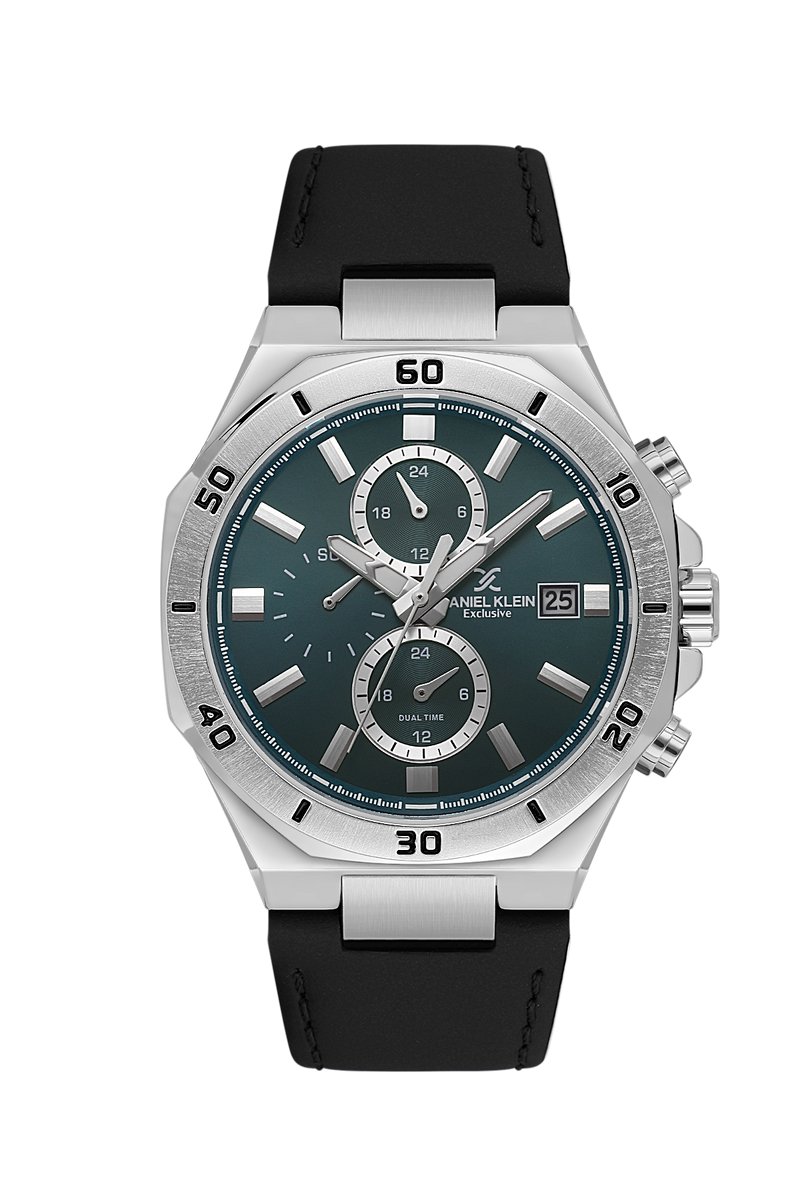 Daniel Klein DK.1.14003-3 - Horloge - Polshorloge - Analoog - Heren- Mannen- Leren band - Metaal - Afegronde achthoek - Streepjes - Dual Time - 12-24 - Datumaanduiding - Zwart - Donkerturkoois - Zilverkleurig - Wit