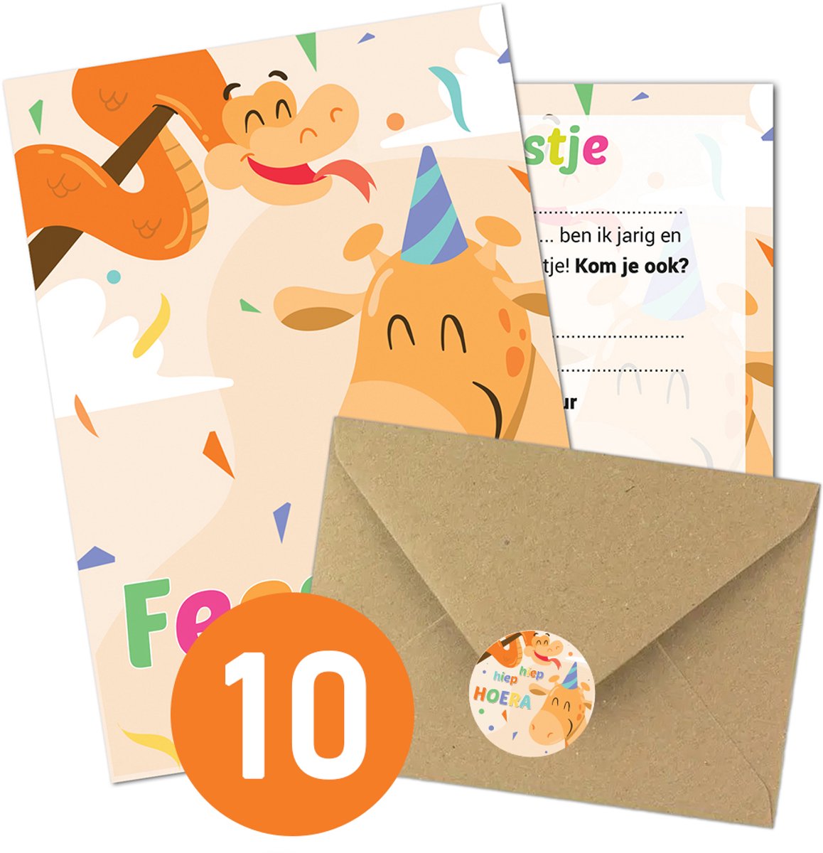 10x Uitnodiging Kinderfeestje + 10x Enveloppen + GRATIS STICKERS - Thema Slang & Giraf - Uitnodiging verjaardag - Jongen of meisje - uitnodigingskaarten + kraft envelop - Verjaardag FeestThe