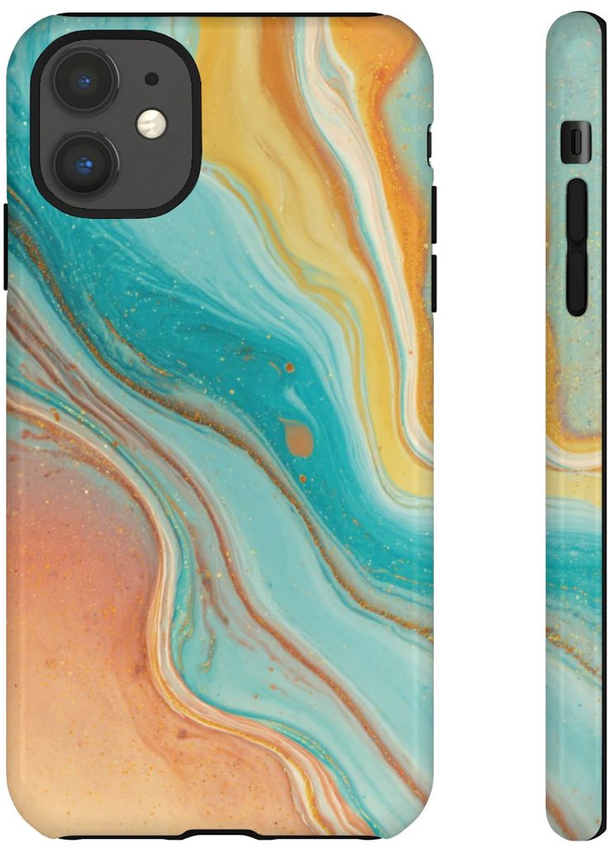 Oranje en Teal Marmer Abstract – Telefoonhoesje Geschikt voor iPhone 11