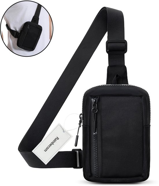 Sac à bandoulière Rainbecom Chestbag - Sac de poitrine élégant - Petit sac à main - Nylon et polyester - Sac à bandoulière - Bandoulière réglable - Imperméable et respirant - 13,5 x 19 x 4,5 cm - Zwart - Léger 130 g