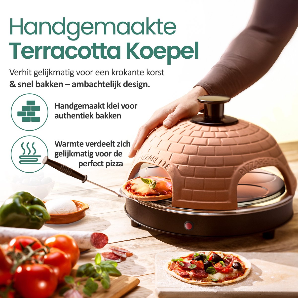 Emerio Pizzarette Origineel - 4 Persoons Pizza Oven - Handgemaakte Terracotta Koepel - 4 Geïsoleerde Bakspatels - RVS Bakplaat - Gourmetstel met Cool touch koepel - PO-115985 900W – foto 3