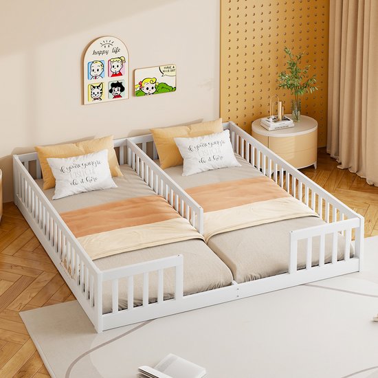 Lit deux places - lit de cabine - 90 x 200 cm - Berceau avec barrière - avec sommier à lattes - sans matelas - sapin - blanc