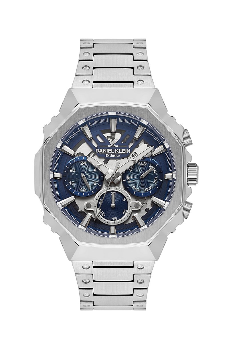 Daniel Klein DK.1.14000-2 - Horloge - Polshorloge - Analoog - Heren- Mannen - Achthoek - Stalen band - Metaal - Datumaanduiding - 24u - Streepjes - Zilverkleurig - Blauw - Wit