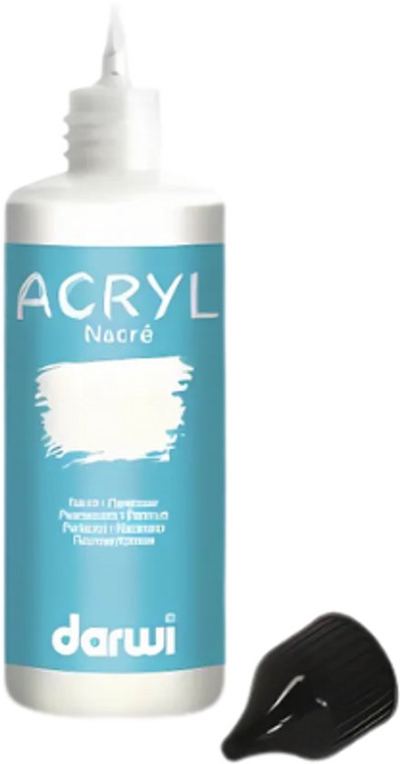 Acryl nacré verf in een witte fles met een blauw label en een zwarte dop.