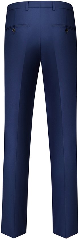 Donkerblauwe broek van achteren gezien, met twee klepzakken en een middenplooi.