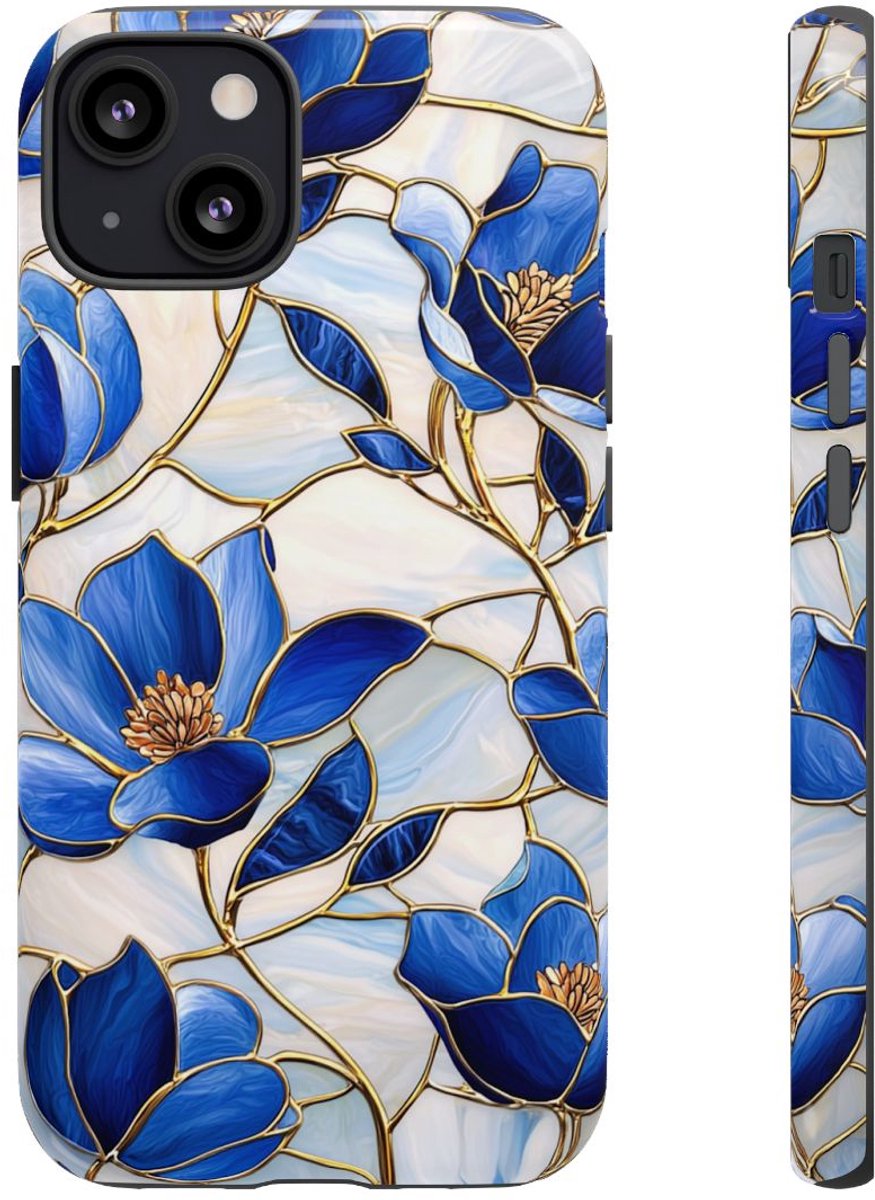 Blauw Gebloemd Glas-in-loodpatroon – Telefoonhoesje Geschikt voor iPhone 13