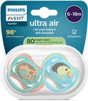 Verpakking met twee Philips Avent Ultra Air fopspenen: één met tijgerprint (oranje/groen) en één met toekan (blauw/groen).