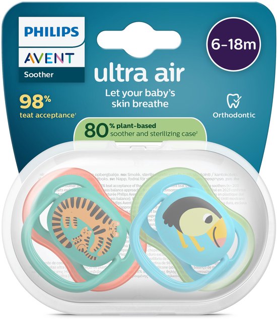 Verpakking met twee Philips Avent Ultra Air fopspenen: één met tijgerprint (oranje/groen) en één met toekan (blauw/groen).