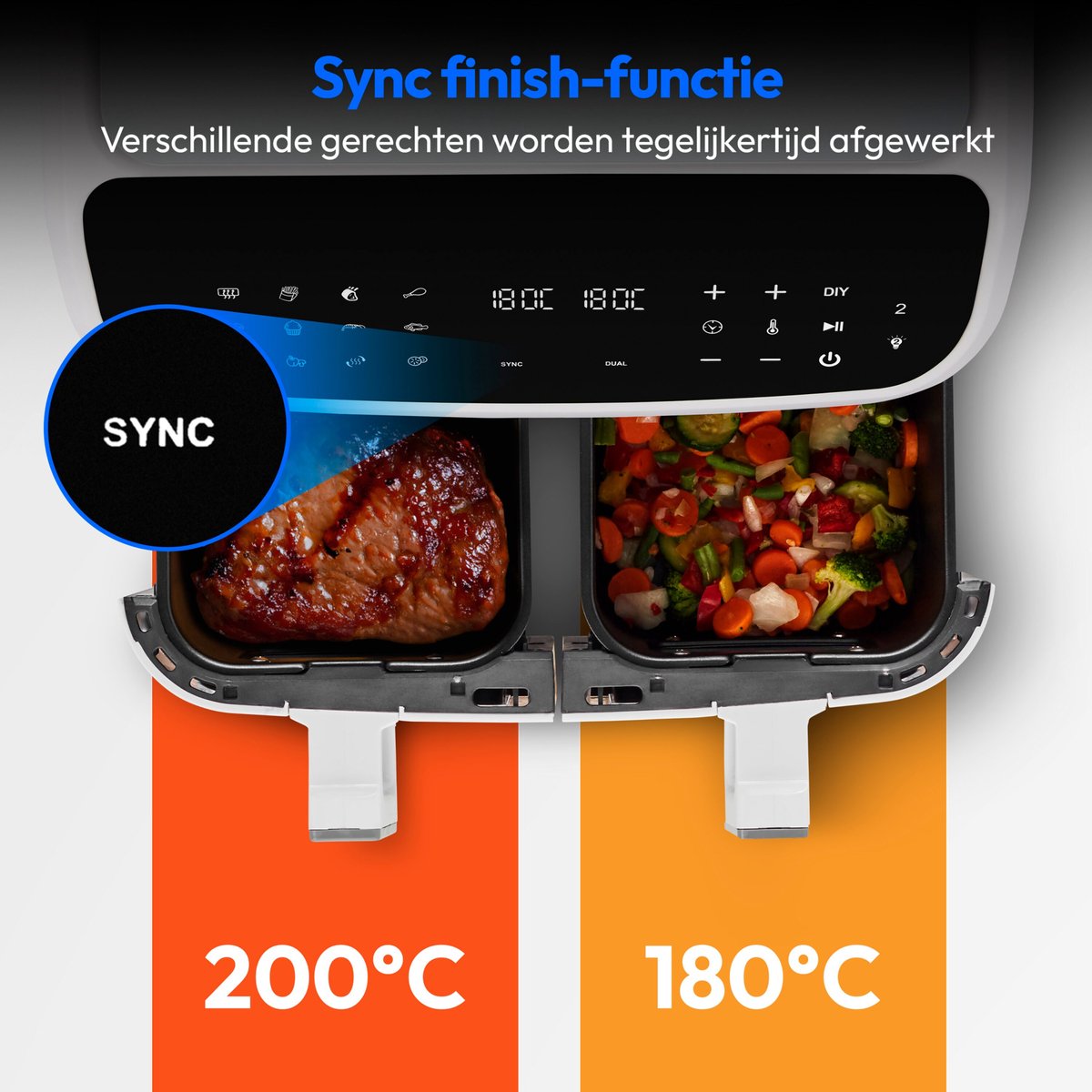 Afbeelding 3 van MEDION P20 XXL Heteluchtfriteuse met dubbele kamer (8,7 L, Airfryer, 2.600 W, 10 automatische programma’s, 2 lades, kijkvenster, Dual Cook & Sync Finish) mat