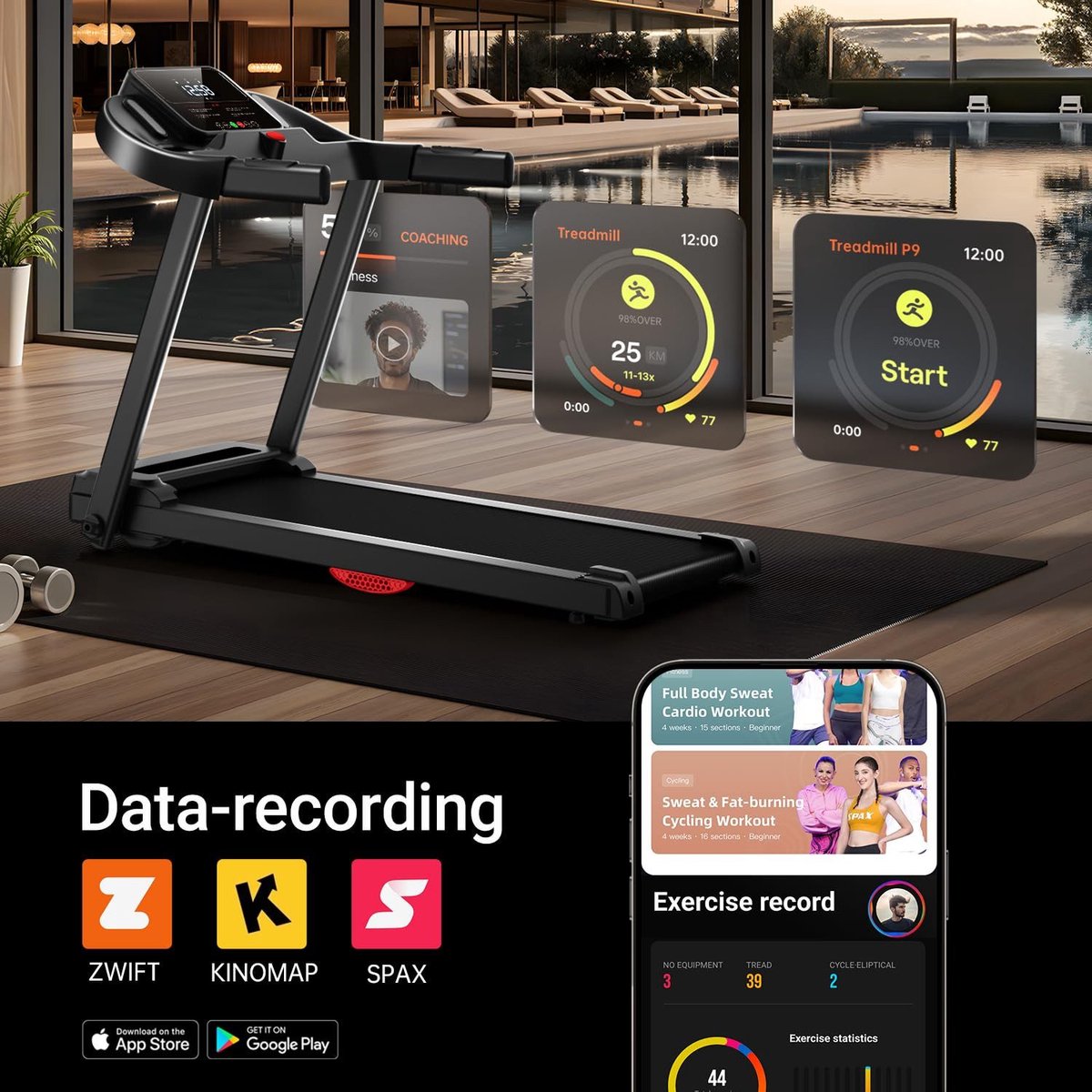 Afbeelding 3 van Loopband voor Thuisgebruik Opvouwbaar 14 km/u, Loopband met hartslagsensor, App en geavanceerde geruisarme motor, Loopband voor Thuis met 12 trainingsprogramma's, Maximale belasting 136 kg