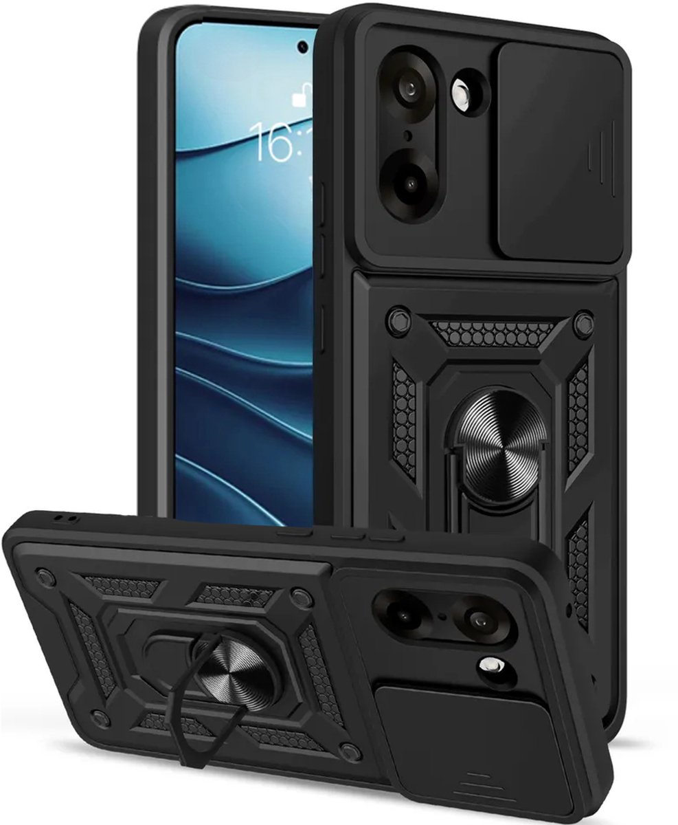 MobyDefend Hoesje - Geschikt voor OnePlus Nord CE 5 - Pantsercase Met Draaibare Ring - Zwart