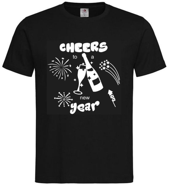 T-shirt Unisex Volwassenen Gelukkig Nieuwjaar Feest Jaarwisseling Happy New Year Oud en Nieuw "Cheers to a new year" Op Voorkant | korte mouw | Zwart/Wit | maat M