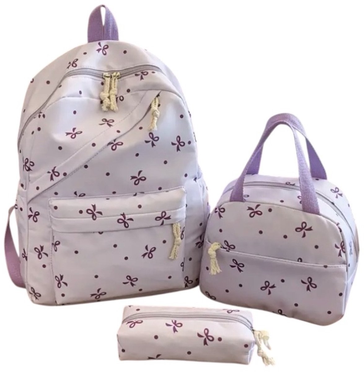 Twenty Two 3-delige schooltassen set | schoolrugzak, etui, tasje voor meisjes/tieners/kinderen | lila/paars strikjes | waterdicht | grote capaciteit | 6 vakken | meiden tassen set | 3 stuks | brugklas-school | schooltassen set 29x16x38.5cm