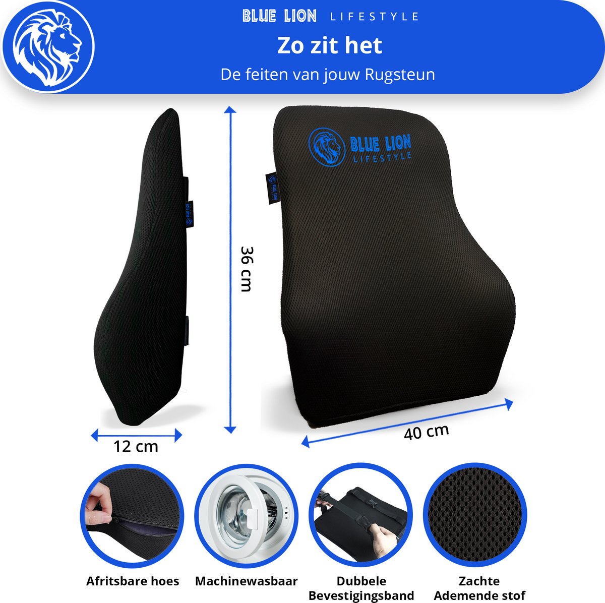 Blue Lion Ergonomisch Rugkussen L - Rugsteun voor Onderrug en Middenrug - Stoelkussen voor Bureaustoel, Auto & Thuiswerken – Zwart – foto 8