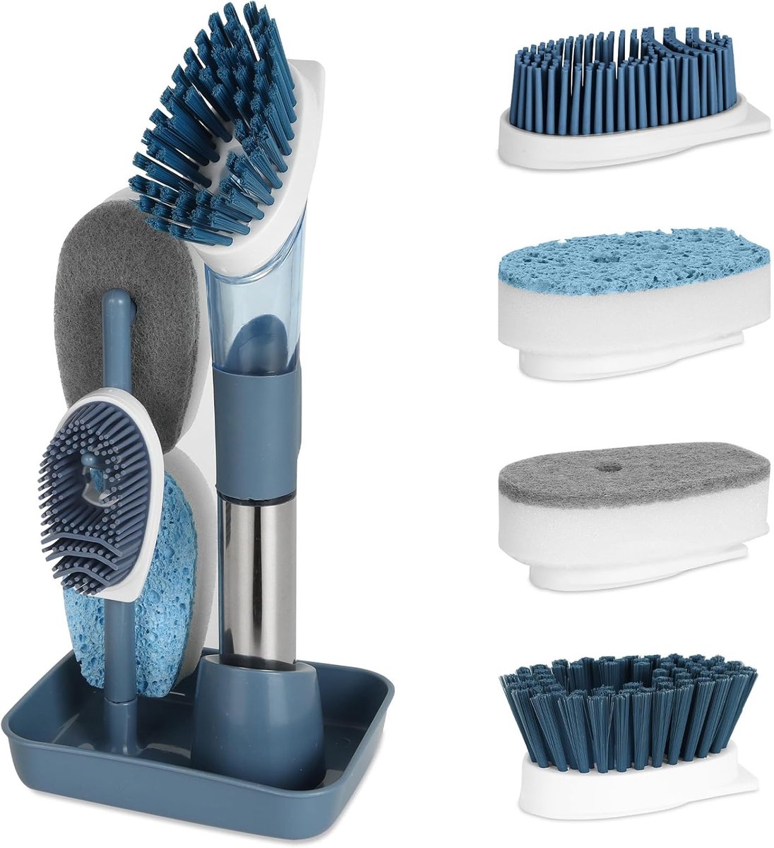 Afwasborstel met dispenser - multifunctioneel - set 4 stuks - blauw