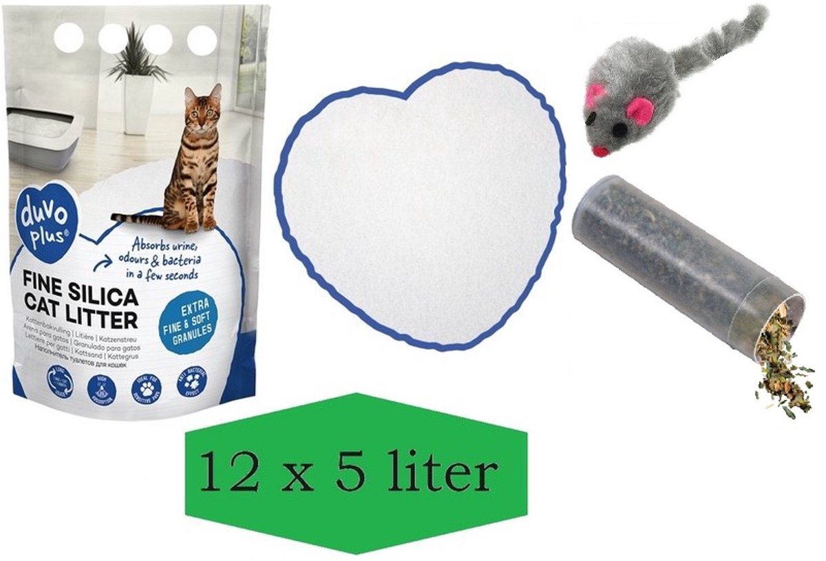 fijne silica - Premium - silica - kattenbakvulling wit - 12x 5L - Incl. Wol muisje met catnip!