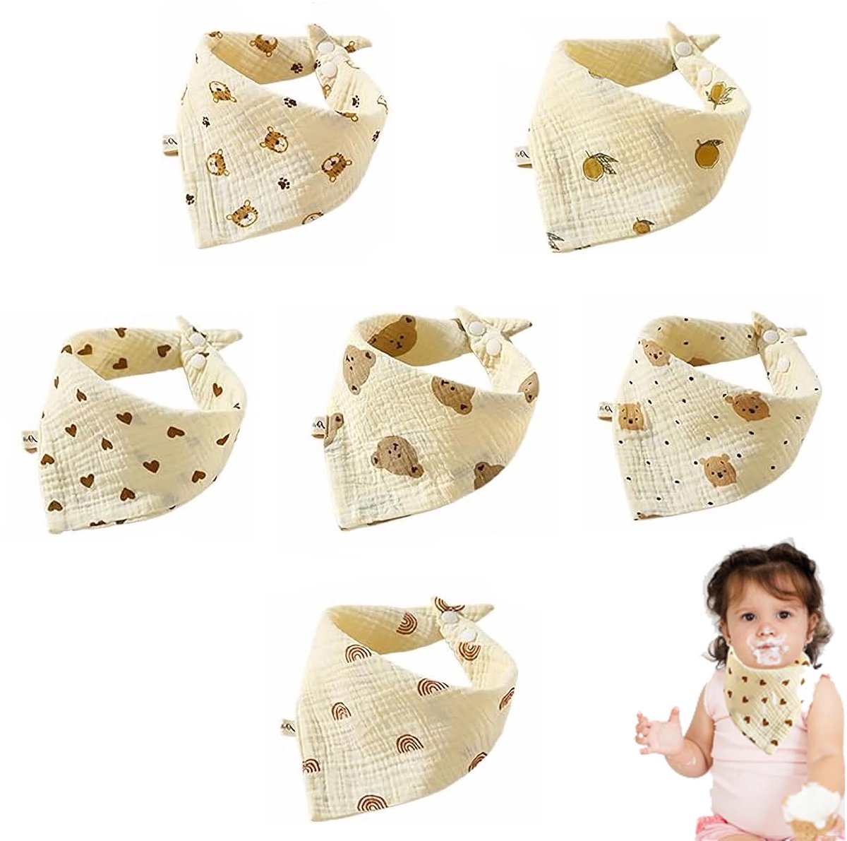 6 Driehoekige Mousseline Bandana Slabbetjes - Kwijlslabbetjes - Voor Baby's 0-36 Maanden - Bij Doorkomende Tandjes - Beige