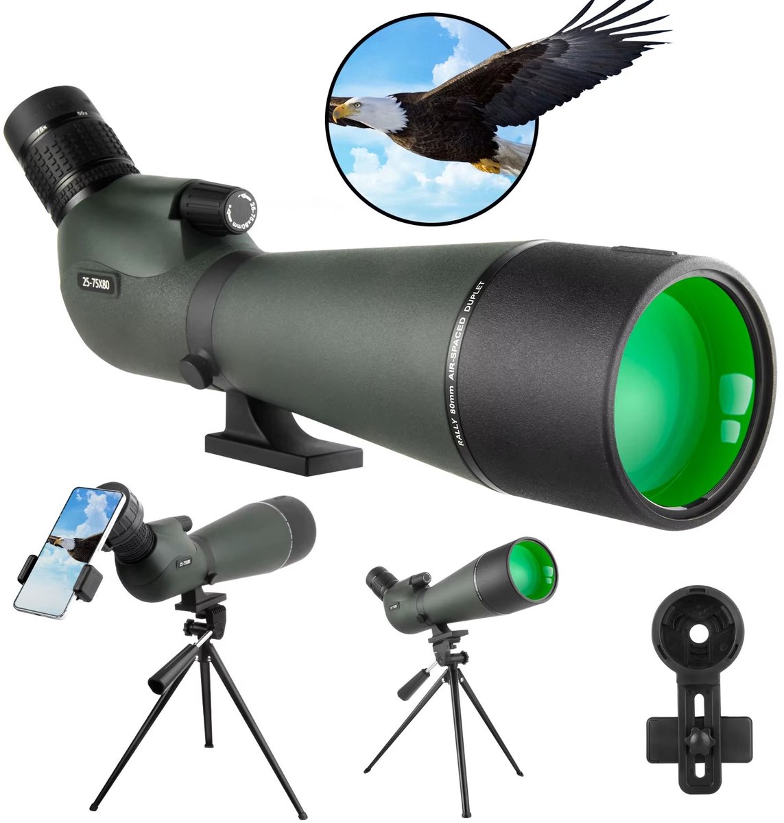 Verrekijker voor volwassenen, 25-75x70 spotting scope, HD Zoom Waterdichte spotting Scope met statief 45 graden hoek oculair telescoop BAK4 prisma spotten scope voor doel vogels kijken Wildlife