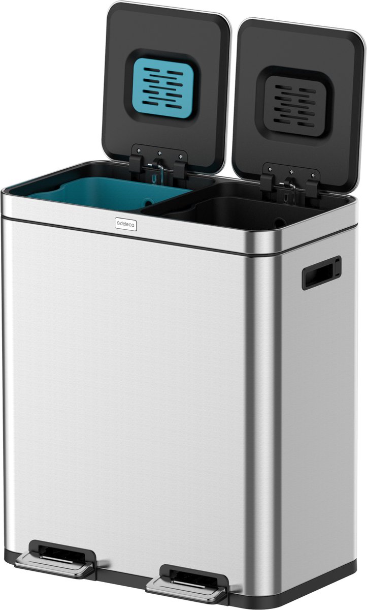 Deleca Recycle Prullenbak met 2 Vakken - 60 Liter (2x30) Afvalbak - Afvalscheiding / Statiegeld / Pedaalemmer - Vuilnisbak met FreshAura Geurbestrijding - Slow Close - RVS Zilver