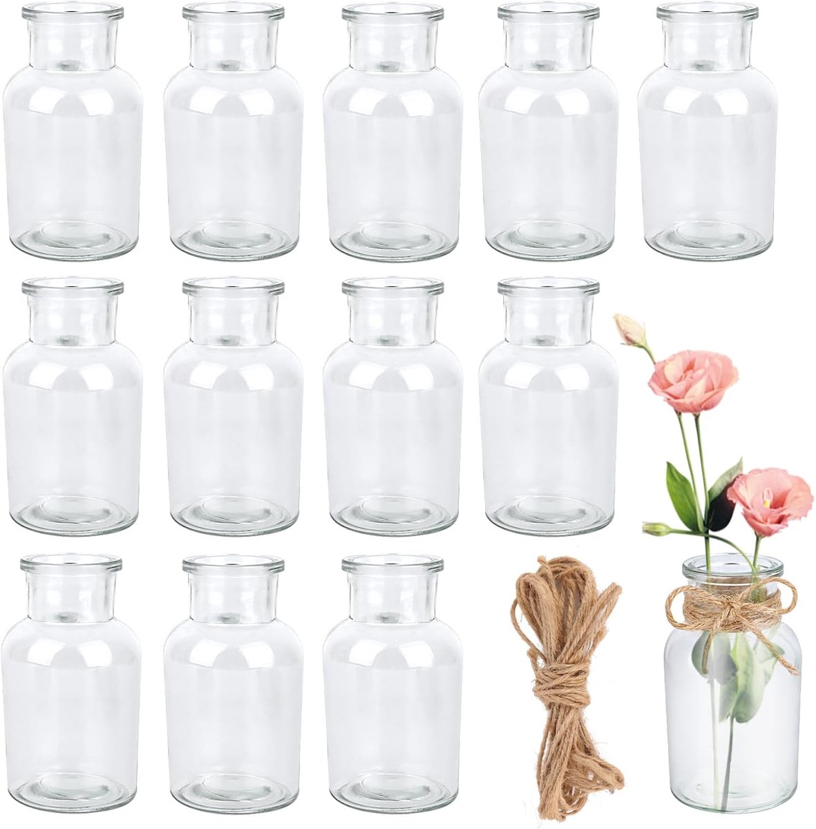 Famanu - 12 Stuks Mini-vazen, 125 ml kleine glazen vazen met 8 m jute koord, transparante glazen vazen decoratie voor tafeldecoratie, bruiloftsdecoratie, verjaardagsdecoratie, tuinfeest