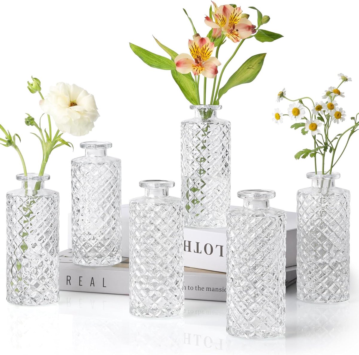 Famanu - Glazen Knopvazen Set van 6, Kleine Diamanten Knopvazen in Bulk, Mini-Bloemenvazen Voor Centerpieces, Vintage Fles Voor Tafeldecoraties, Bruiloftsdecoratie, Receptie, Thuis, (Transparant)