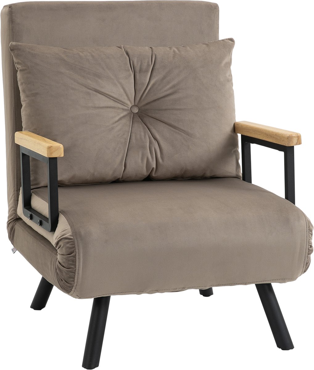 HOMCOM Sofa -bed, vouwbed met bedfunctie, ontspanningsfauteuil met achterste kussen, bekledingbank met verstelbare rugleuning, fluweel optiek, 63 x 73 x 81 cm, lichtbruin