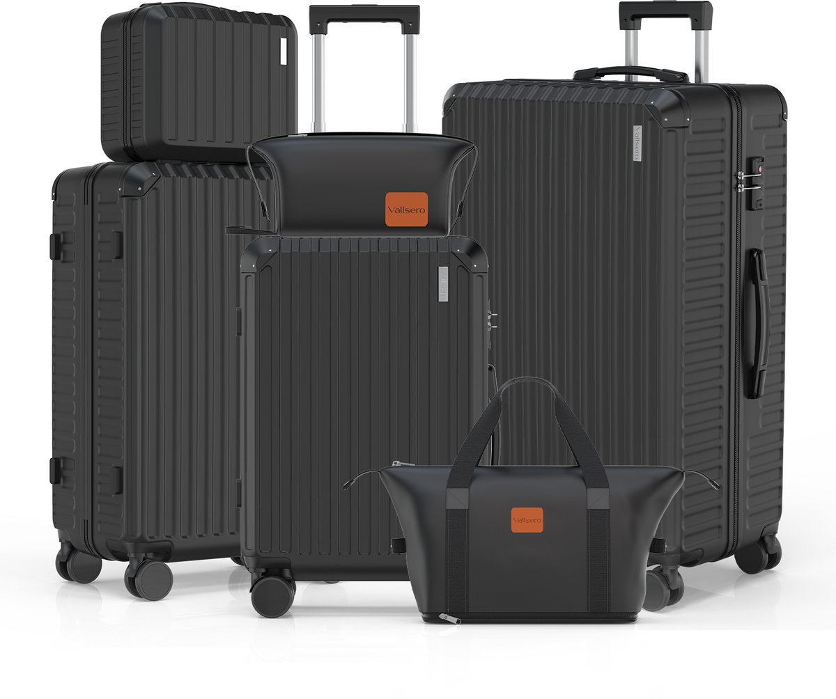 VALLSERO LG2 Kofferset - 6 Delig - Trolley - Reiskoffer Set - Reistas + Toilettas - TSA Slot - Met wielen - Handbagage - Lichtgewicht - ABS Hardcase