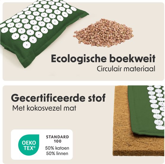 Groene spijkermat met witte drukpuntjes en een stapel boekweitkorrels.
