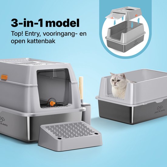 Grijze en donkergrijze Jake & Jacky kattenbak. Een kat zit in een open bak, een andere kat is in een gesloten top entry bak. Illustratie toont 3-in-1 model.