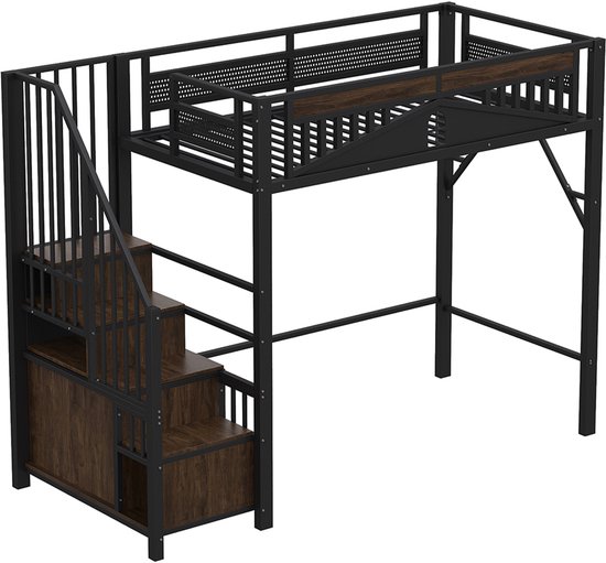 Lit mezzanine en métal Pugsdrly 90 x 200 cm, enceinte de sécurité unique avec fenêtre, échelle de sécurité avec armoire, noir