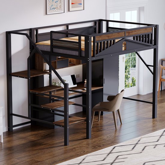 Lit mezzanine en métal Pugsdrly 140 x 200 cm Boîtier unique avec design de fenêtre Avec échelle de sécurité Beaucoup d'espace de rangement sous le lit Zwart