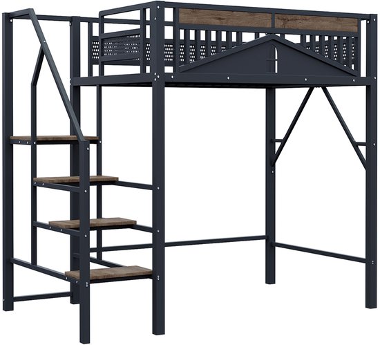 Lit mezzanine en métal Pugsdrly 140 x 200 cm Boîtier unique avec design de fenêtre Avec échelle de sécurité Beaucoup d'espace de rangement sous le lit Zwart