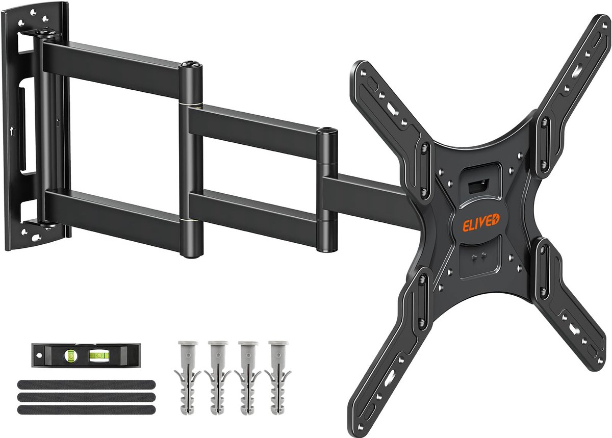 ELIVED TV-muurbeugel met lange arm voor de meeste 26-60 inch tv's, hoekbeugel voor tv, uitschuifbaar tot 749 mm, max. VESA 400 x 400 mm, belastbaar tot 35 kg, EV3017