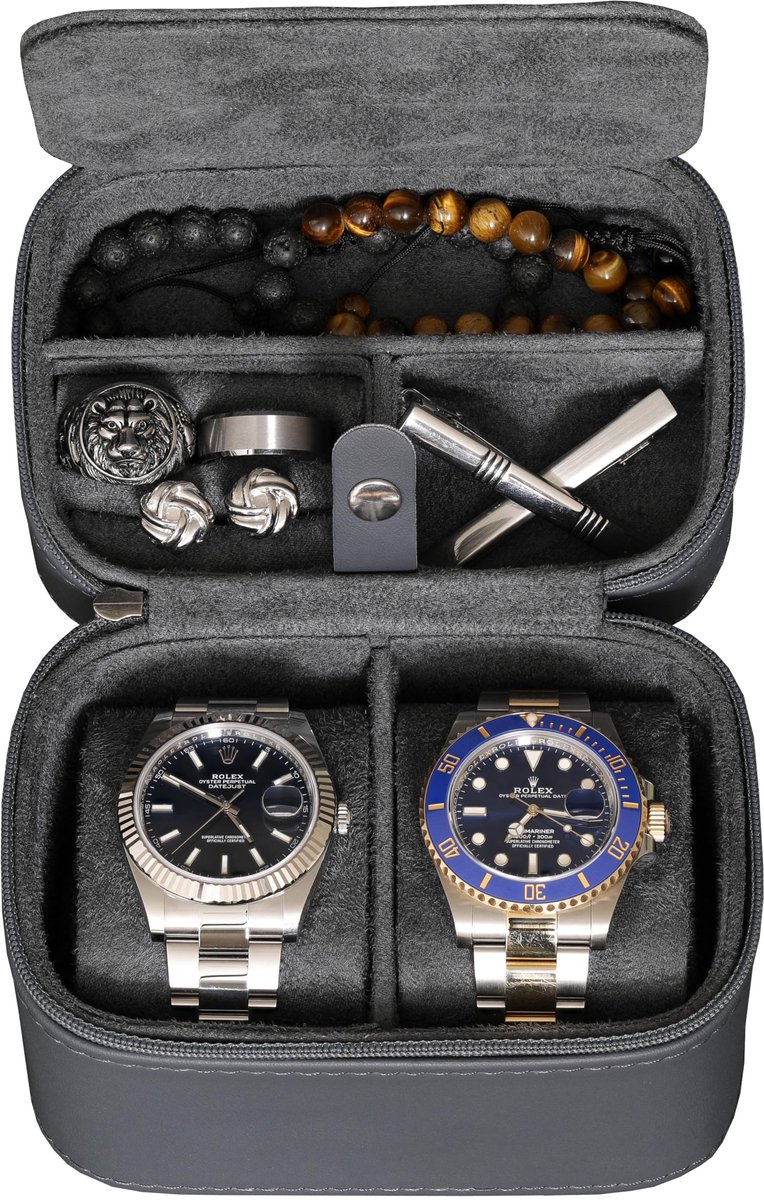 ROTHWELL Reiskoffer voor 2 horloges, organizer voor 2 horloges, horlogekoffer voor mannen en vrouwen, robuuste draagbare bescherming met rits, geschikt voor alle polshorloges en smartwatches tot 50 mm (carbon)