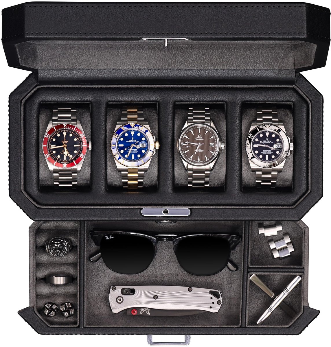 ROTHWELL leren horlogebox met 4 vakken en opberglade - Luxe sieradenorganizer, afsluitbare displaycase met echt glazen bovenkant - Horlogeboxorganizer voor mannen en vrouwen (grijs)