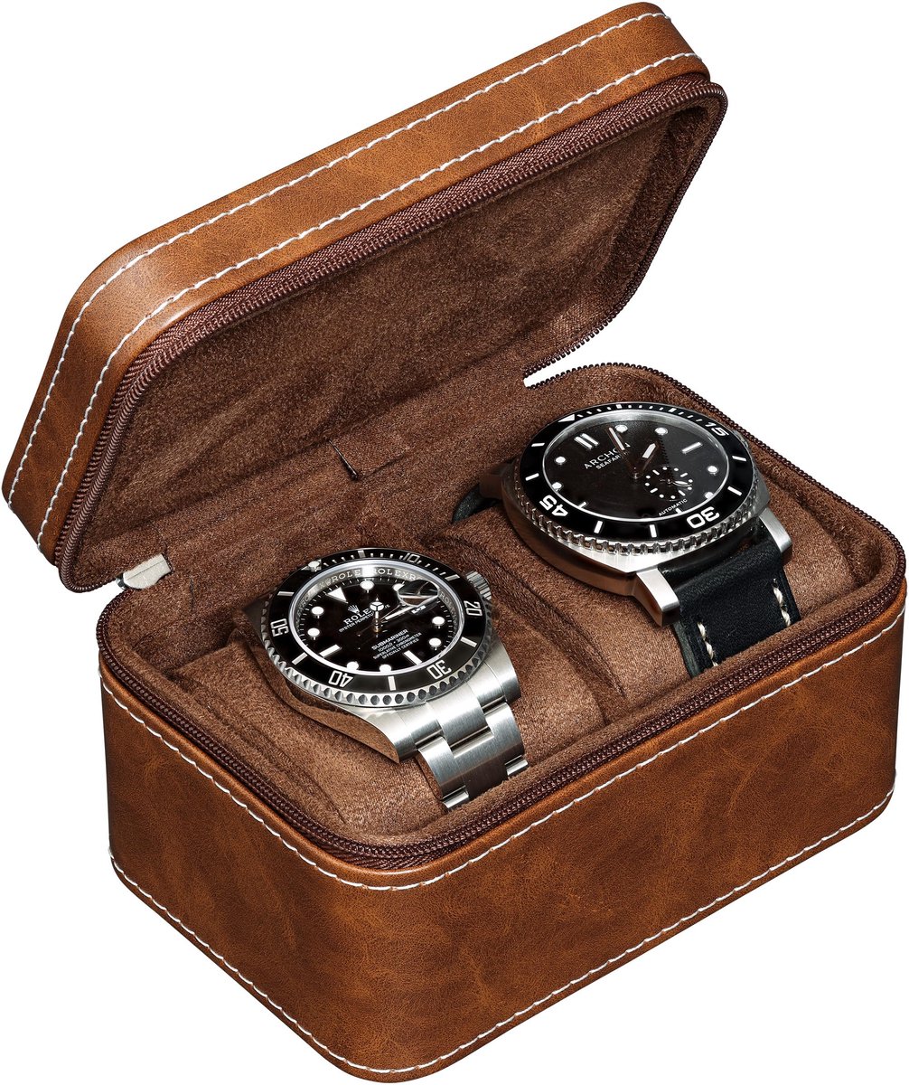 ROTHWELL Reiskoffer voor heren voor 2 horloges, compacte beschermhoes van PU-leer met micro-suède binnenkant, geschikt voor horloges en smartwatches tot 55 mm (lichtbruin-bruin)
