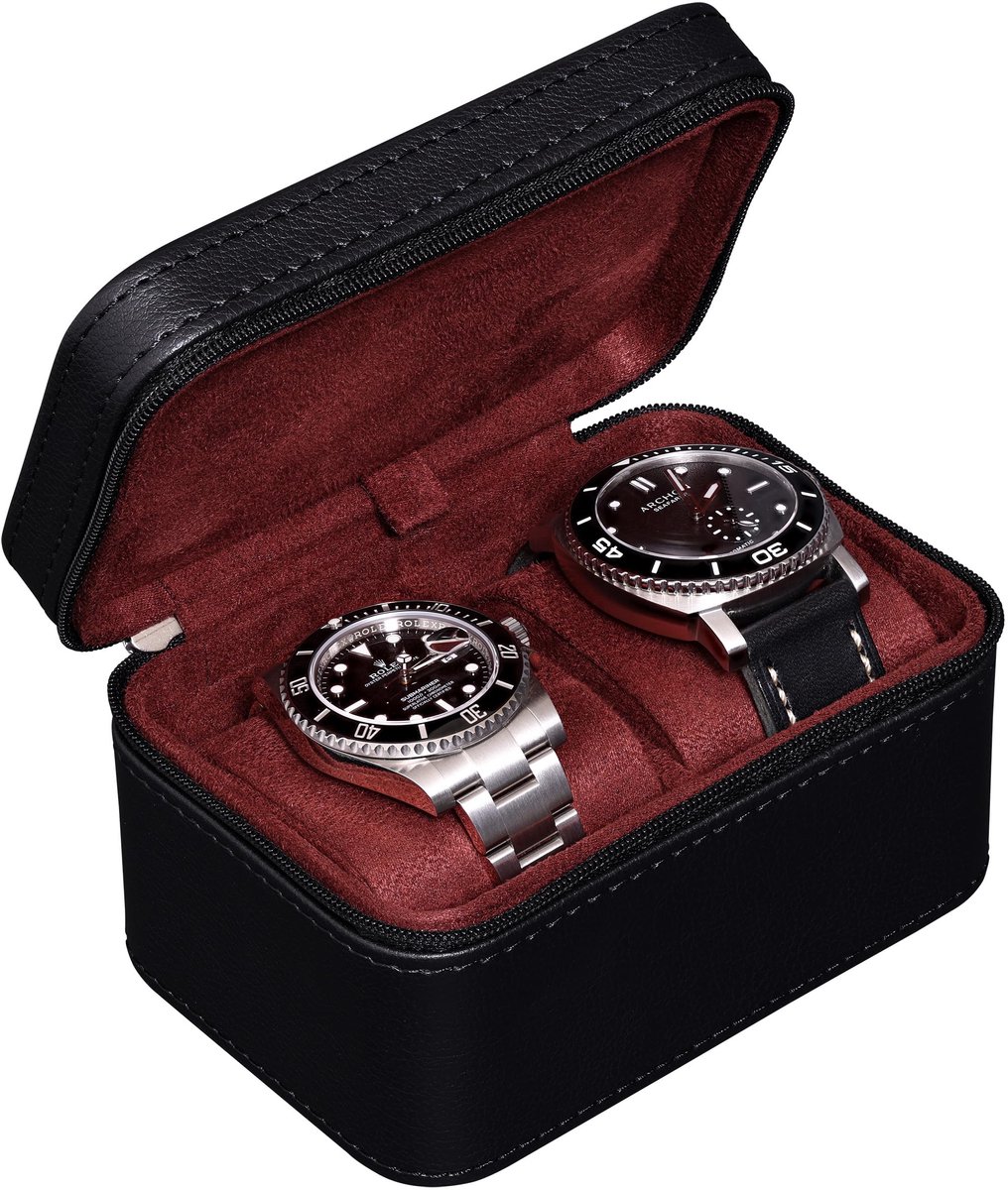 ROTHWELL Reiskoffer voor heren voor 2 horloges, compacte beschermhoes van PU-leer met micro-suède binnenkant, geschikt voor horloges en smartwatches tot 55 mm (zwart-rood)