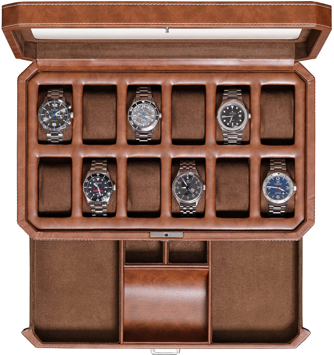 ROTHWELL 12-vaks leren horlogebox met valetlade - 12-vaks luxe horlogekast, display organizer, microsuède inzetstuk, houder voor herenaccessoires, sieradendoos, display organizer voor sieraden (bruin-bruin)