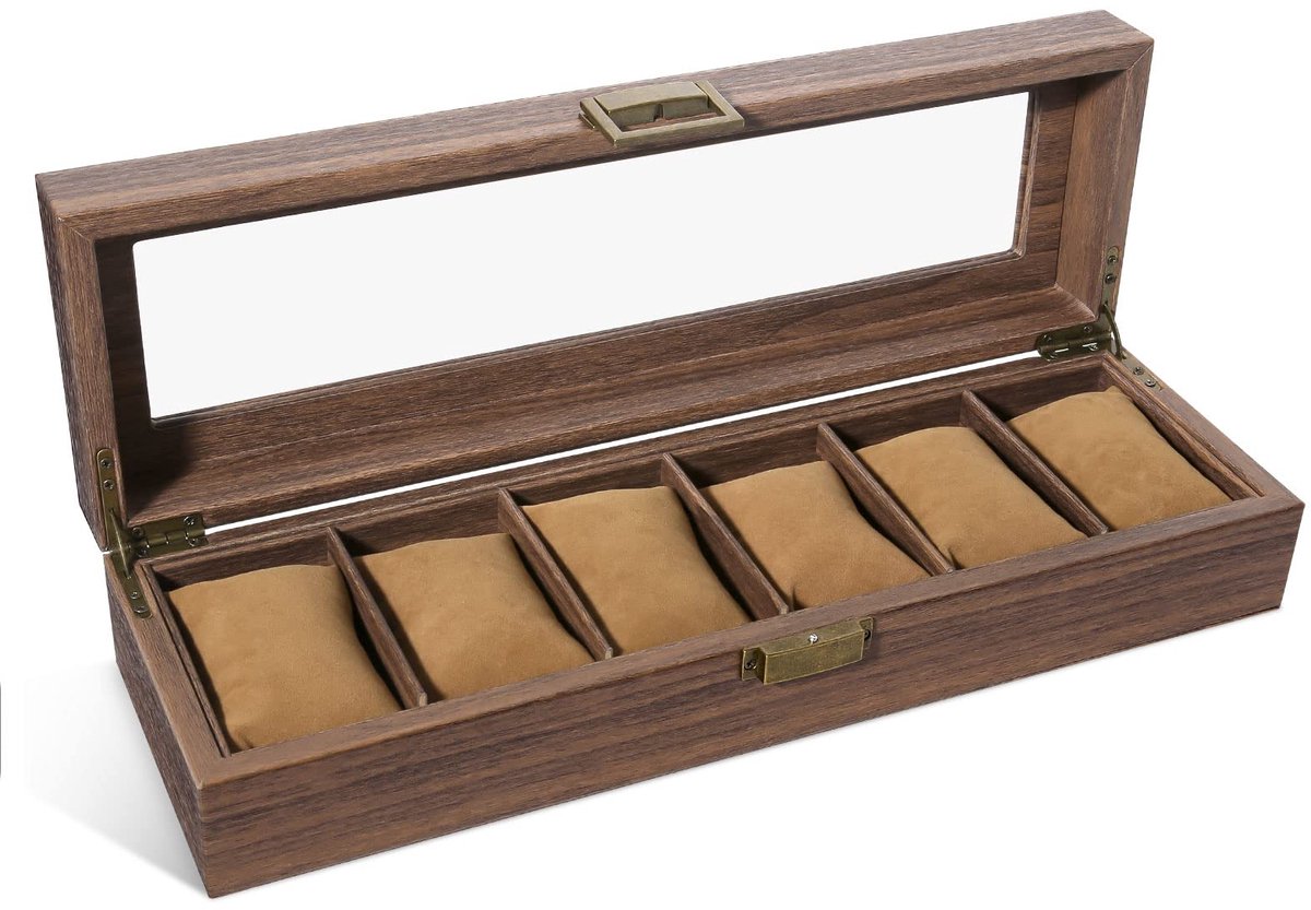 Uten horlogebox voor 6 horloges, horlogekast met grote vakken en transparant deksel, horlogebox horloge opbergdoos van PU leer, cadeau-idee voor mannen en vrouwen