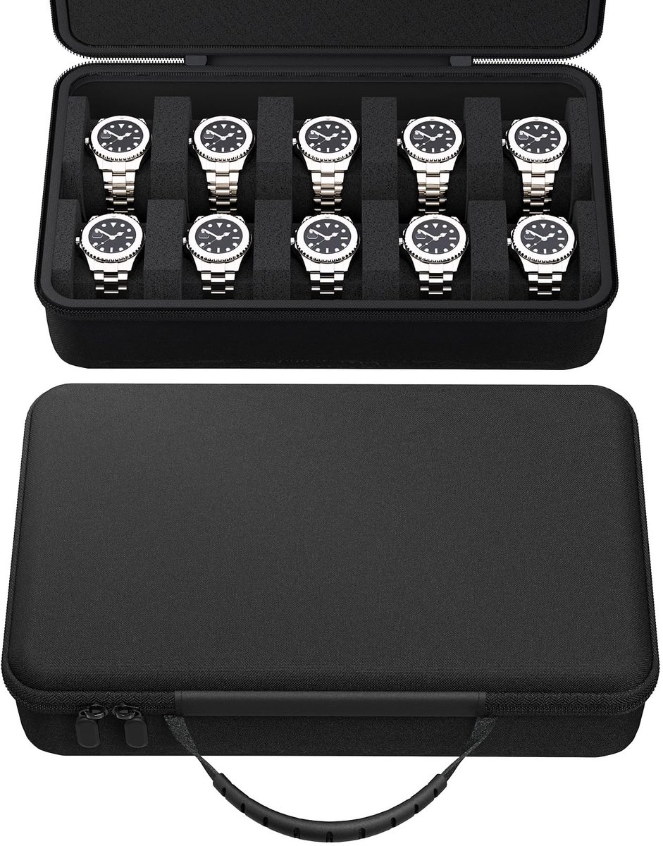 DODAMOUR Horlogebox met 10 vakken en horlogekussentje, EVA-harde koffer, geschikt voor horloges tot 55 mm, draagbare horlogehouder, organizer voor heren (zwart)