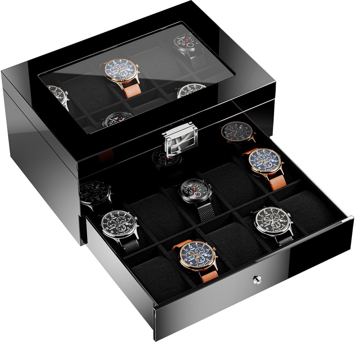 ProCase houten horlogebox voor heren, 20 vakken, grote horloge-organizer, 2-laags gelakte displaybox voor polshorloges - zwart
