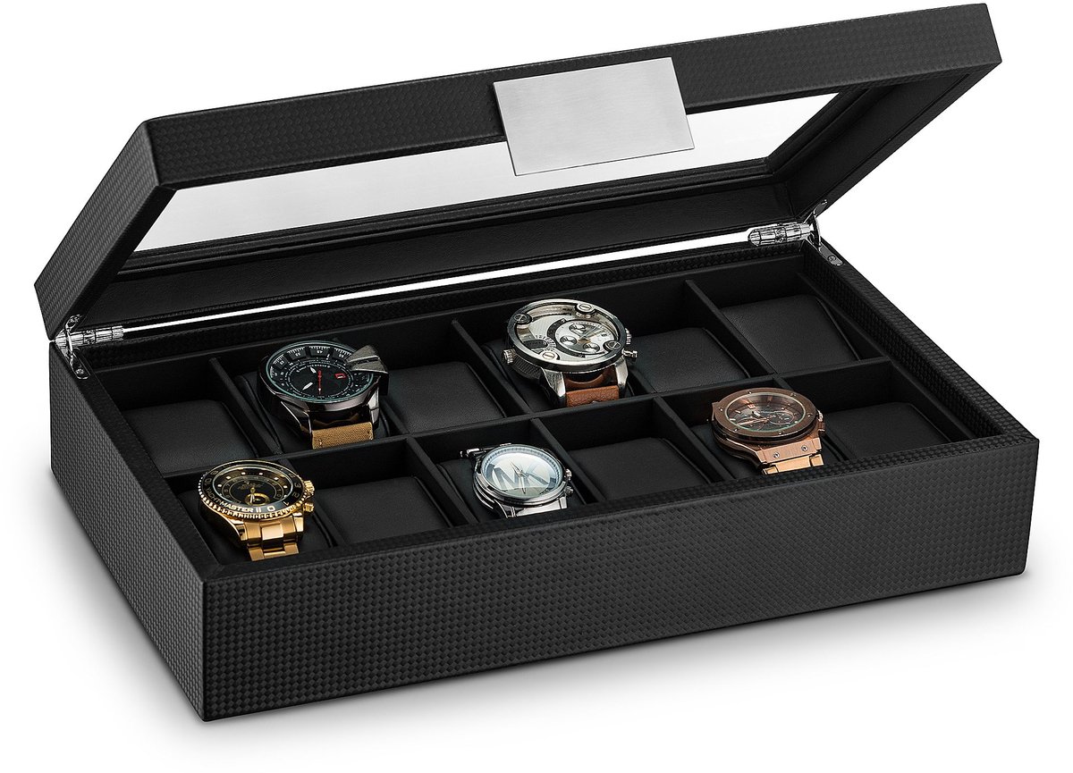 Glenor Co herenhorlogebox, 12 compartimenten, luxe koolstofvezelontwerp, grote houder, metalen gesp, zwart