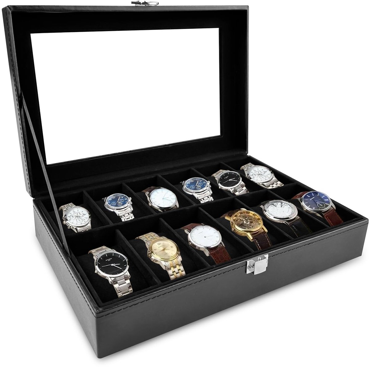 Rseuphiee Horlogebox met 12 compartimenten, Horlogekast met glazen deksel, Horlogekast, Uitneembare horlogekussens, Horlogebox voor heren, Horlogebox voor sieraden, ringen, armbanden en kettingen, Zwart